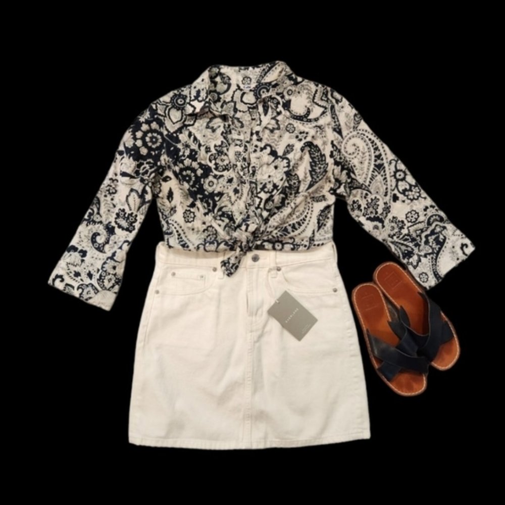 Tabi White/Blue Pattern 100% Cotton Button Down Shirt -Ruffle Detail at Front
